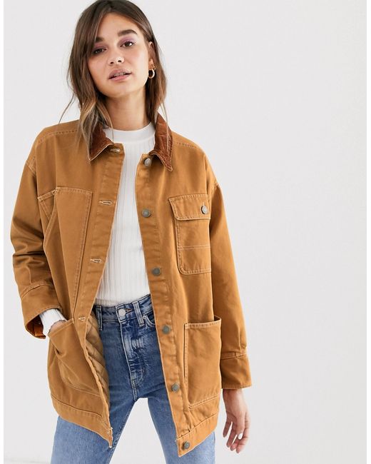 Monki denim jacket with quilted lining and cord collar in rust