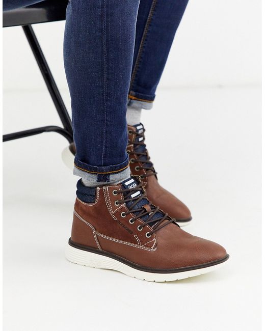 Jack & Jones leather contrast sole casual boots in