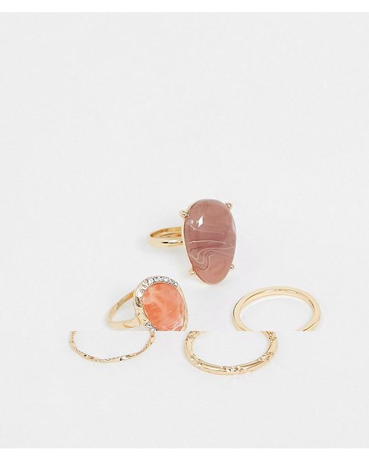 Asos Design pack of 5 rings with pink stones and crystal