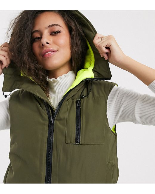 ASOS Petite ASOS DESIGN Petite hooded contrast vest jacket in khaki and neon