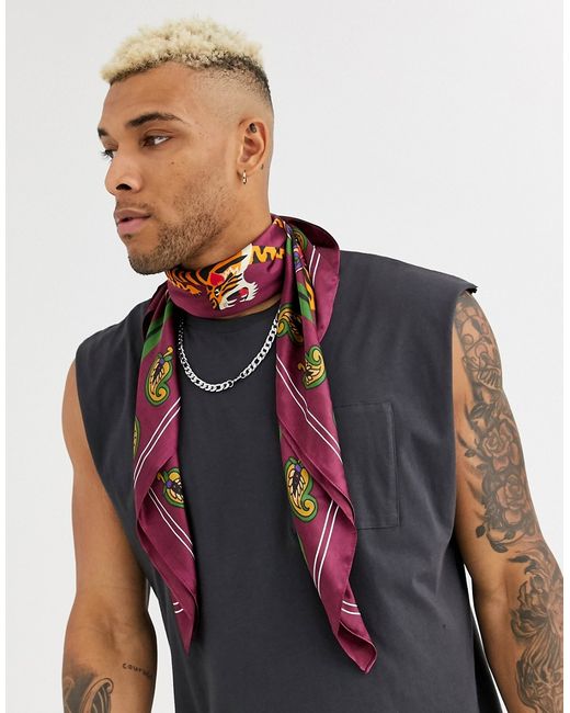Asos Design recycled poly satin scarf in burgundy with tiger print