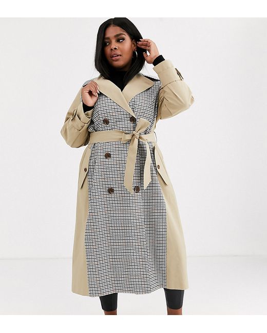 ASOS Curve ASOS DESIGN Curve trench coat with check splicing
