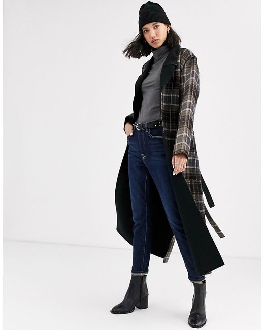 Native Youth longline reversible coat with belt in check