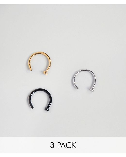 DesignB London DesignB open nose hoop ring in 3 pack-
