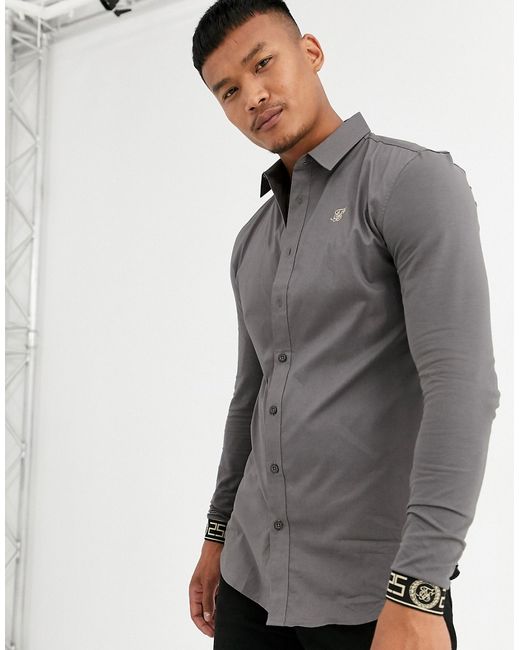 SikSilk muscle fit long sleeve shirt in with cuff embroidery