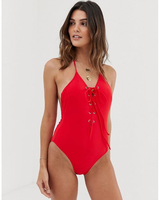 Miss Selfridge swimsuit with lace up front in