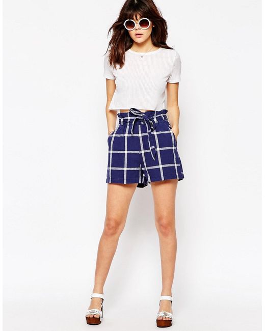 Asos High Waisted Linen Check Belted Shorts