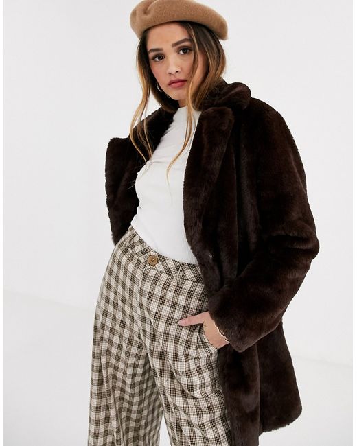 New Look faux fur coat in chocolate-