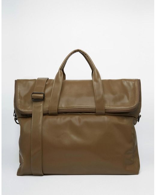 Asos Satchel In Khaki Faux Leather With Zip Top Opening