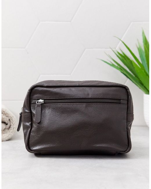 Asos Design leather toiletry bag in with zip detail