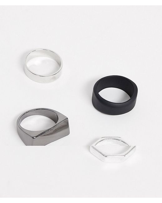 Bershka 4-pack of rings in black and silver-