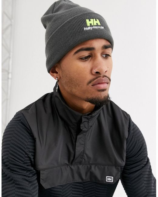 Helly Hansen Yu beanie in charcoal with neon logo-