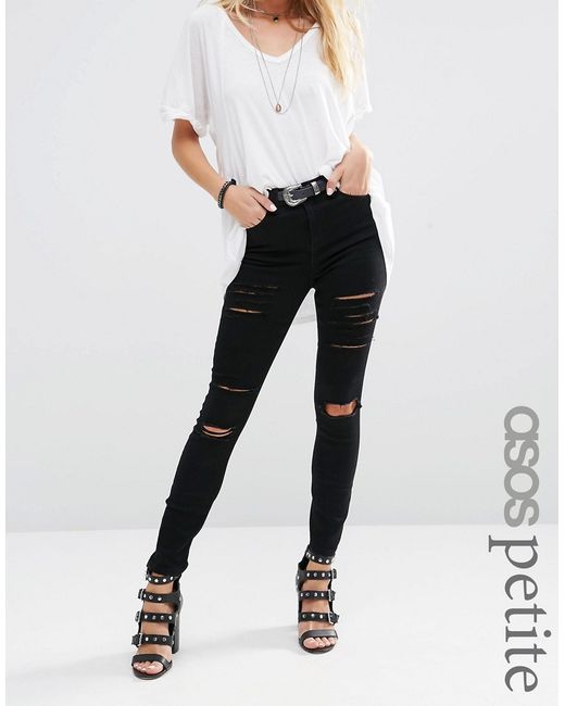 ASOS Petite Ridley Skinny Jeans in Black with Thigh Rip and Busted Knees