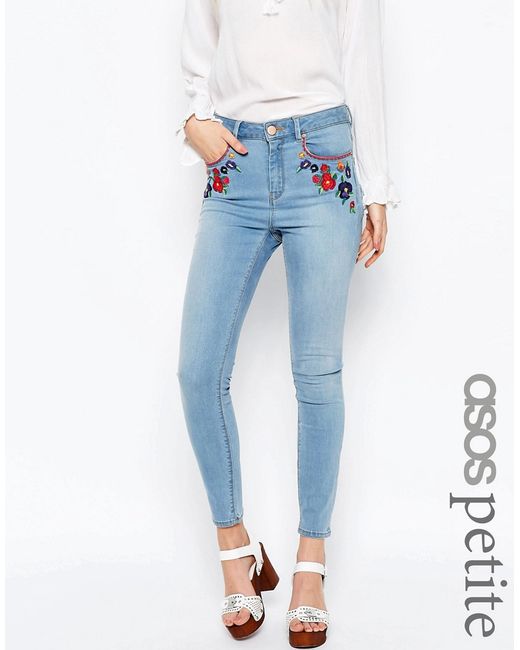 ASOS Petite Ridley Skinny Ankle Grazer Jeans in Surf Wash with Embroidery