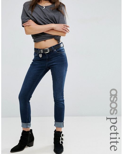 ASOS Petite Lisbon Skinny Mid Rise Jeans in Dark Wash with Turn Up