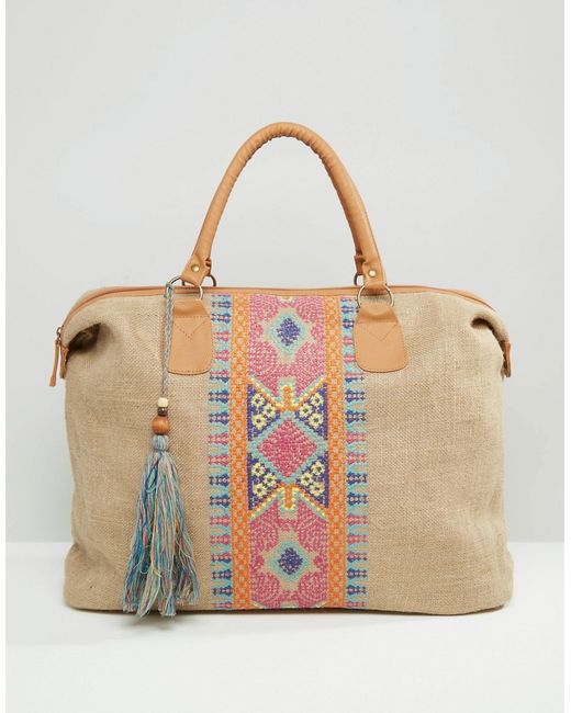 America & Beyond Cross-Stitch Embroidered Jute Travel Weekender Bag
