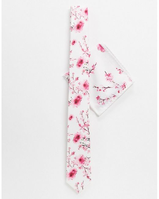 Twisted Tailor tie set with pink blossom print in