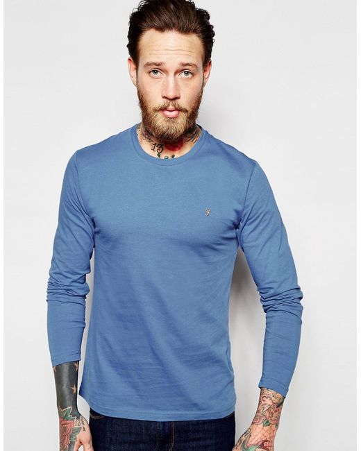 Farah Long Sleeve T-Shirt With F Logo In Slim Fit In Blue