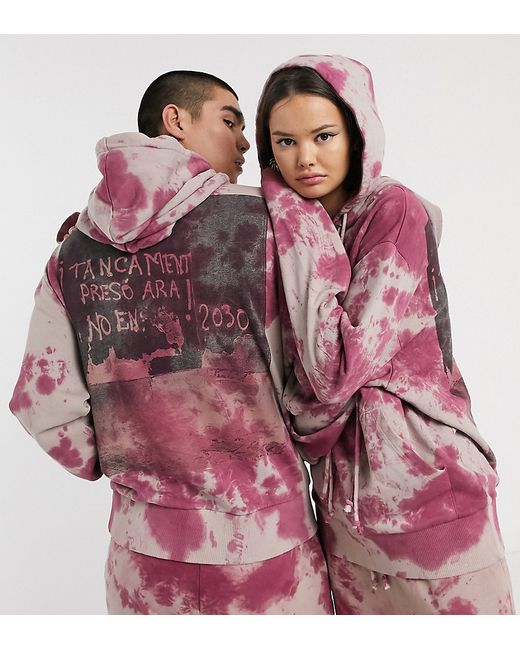 Collusion double hoodie in tie dye with back print-