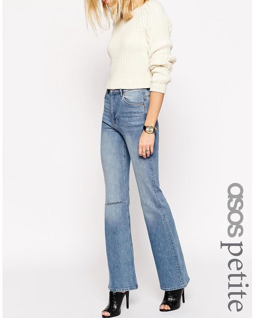 ASOS Petite Slim Mom Flared Jeans In Vintage Wash With Displaced Ripped Knees