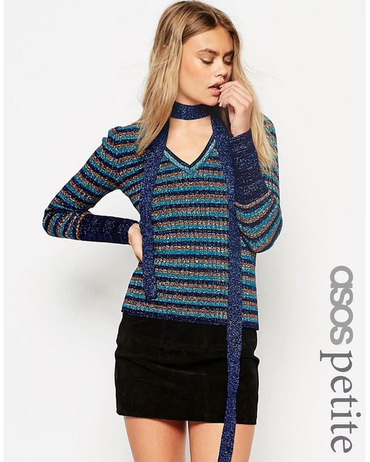 ASOS Petite Sweater in Lurex Stripe with Skinny Scarf