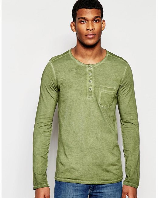 United Colors of Benetton Long Sleeve Henley Top in Oil Wash