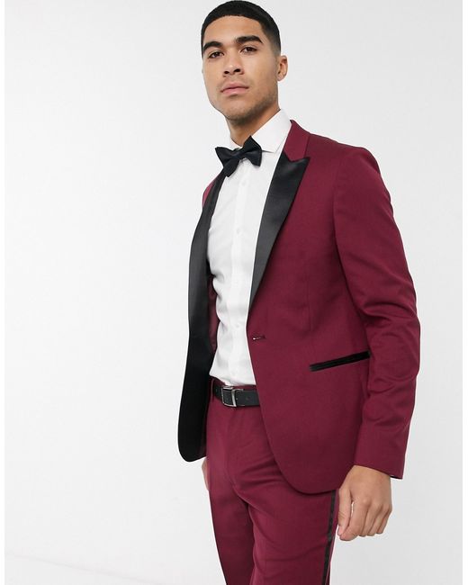 Asos Design skinny tuxedo suit jacket in burgundy-