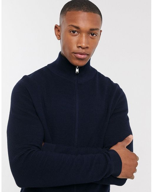 Selected Homme organic cotton ribbed knitted zip through cardigan in
