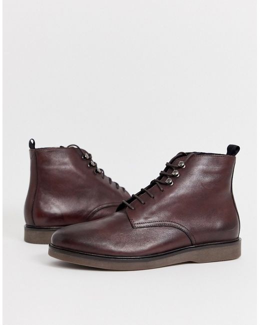 H By Hudson Battle lace up boots in burgundy leather-