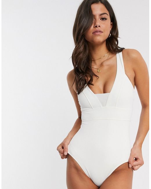 Accessorize plunge front with mesh insert swimsuit in ivory-
