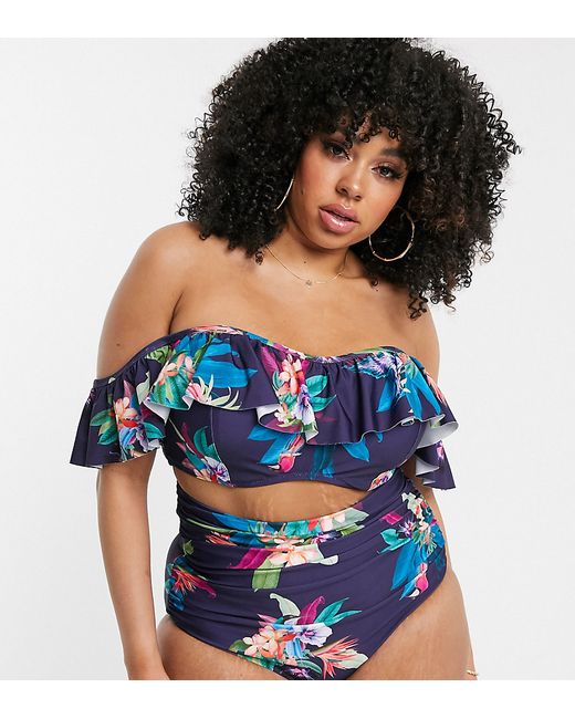 City Chic underwired bardot bikini top with frill in tropical print-