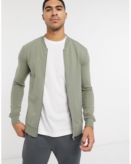 New Look muscle fit jersey bomber in khaki-