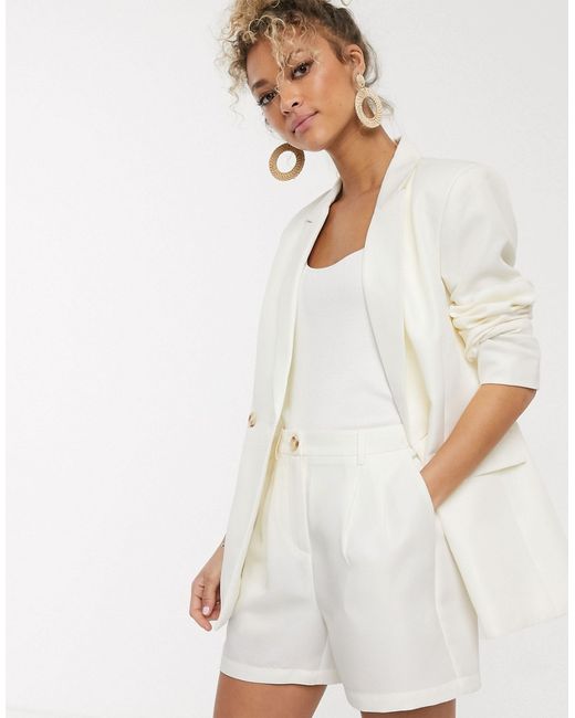 Pieces double breasted blazer in cream-