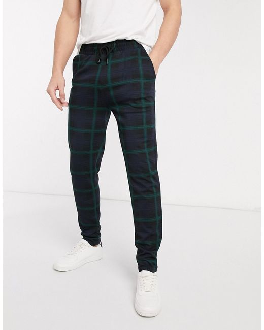 Only & Sons slim tapered fit jersey check pants in