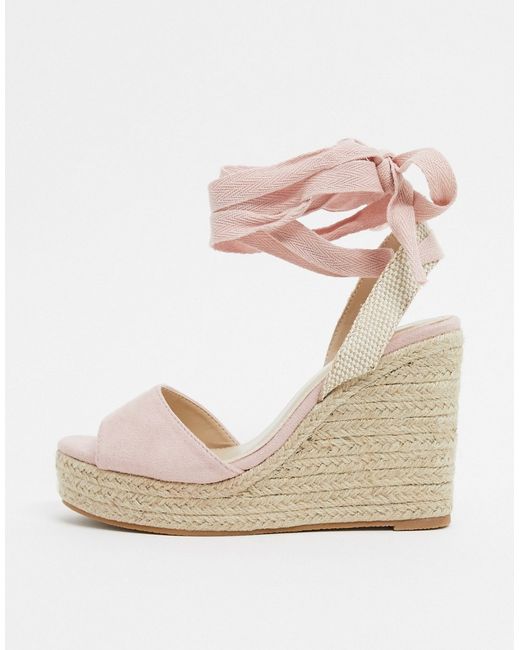 Glamorous espadrille wedge sandal with ankle tie in blush