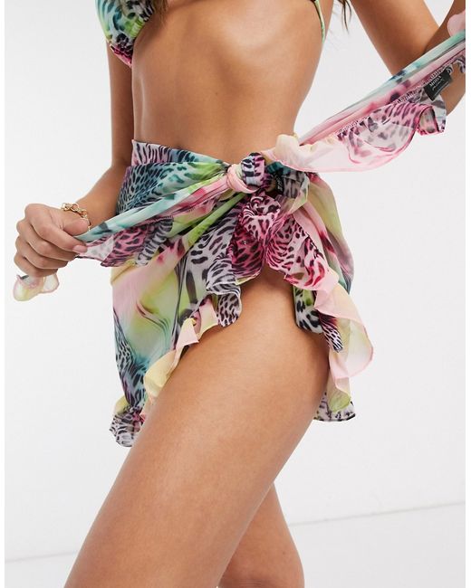 Moda Minx ruffle beach sarong in pastel multi animal-