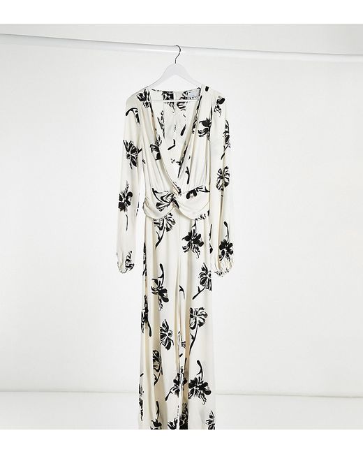 ASOS Tall ASOS DESIGN Tall twist front wide leg jumpsuit in cream floral