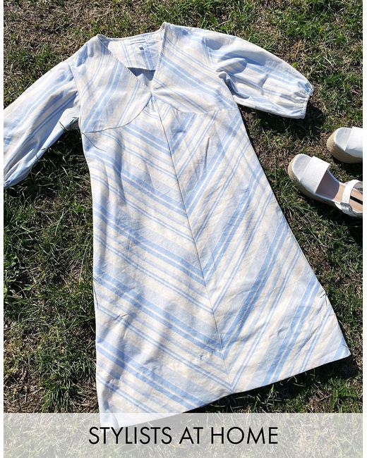 Native Youth relaxed mini dress with puff sleeves in soft stripe-