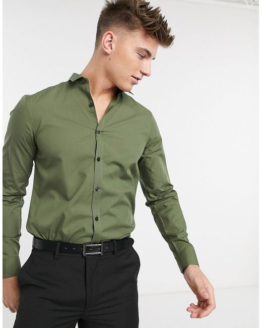 New Look long sleeve poplin shirt in khaki-