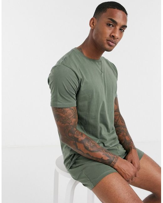 Asos Design lounge tshirt short pyjama set in khaki-