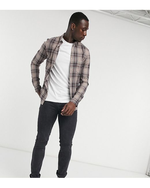 Asos Design Tall stretch slim check shirt in stone and black-