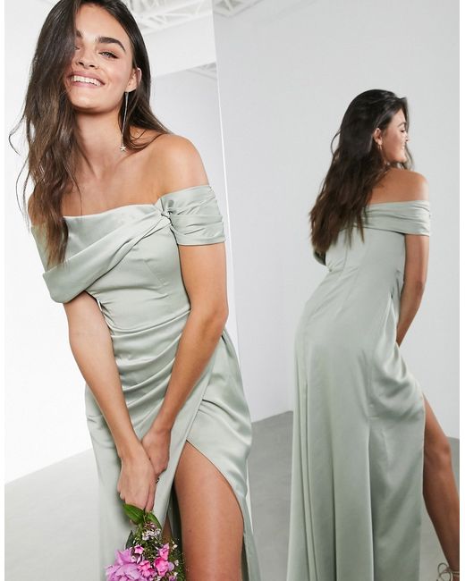 ASOS Edition satin bardot drape wrap maxi dress in sage