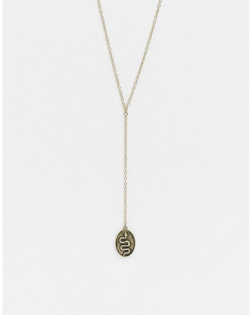 The Status Syndicate Status Syndicate brushed finish lariat chain necklace with oval snake pendant