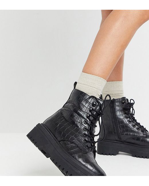 Simply Be extra wide fit lace up boot with cleated sole in croc-