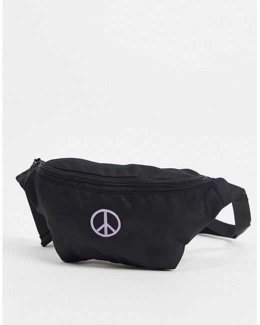 Asos Design cross body fanny pack in nylon with peace sign embroidery