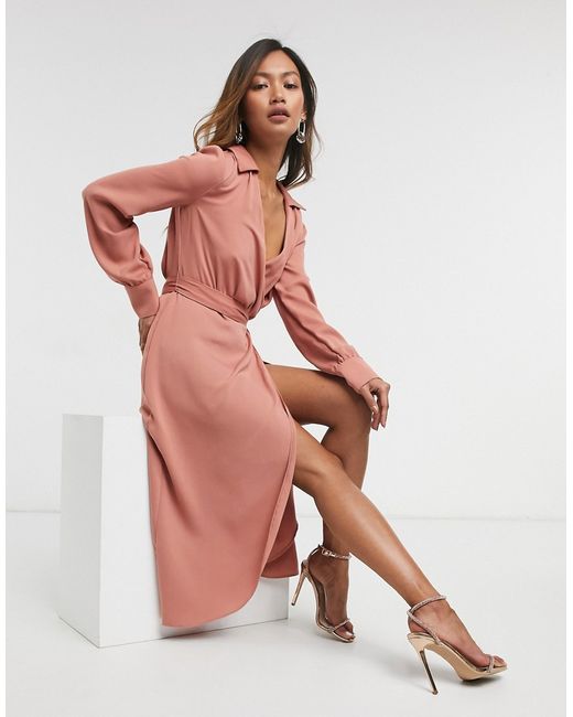 Asos Design collared wrap midi dress with tie belt in teracotta-