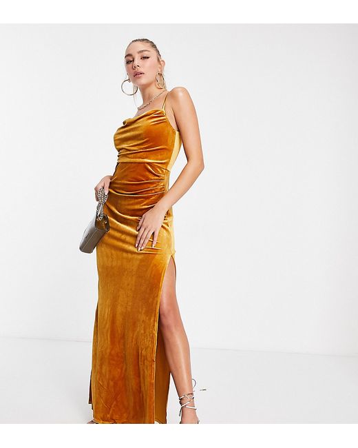 Jaded Rose exclusive velvet cami maxi dress with thigh slit in mustard-