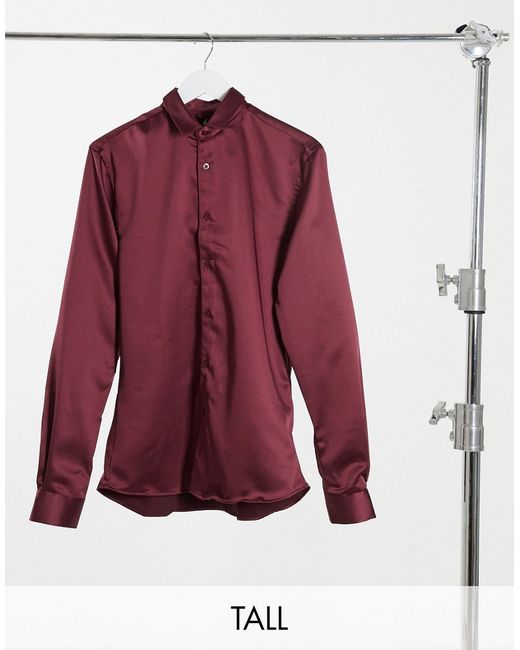 Twisted Tailor TALL skinny shirt in burgundy satin-