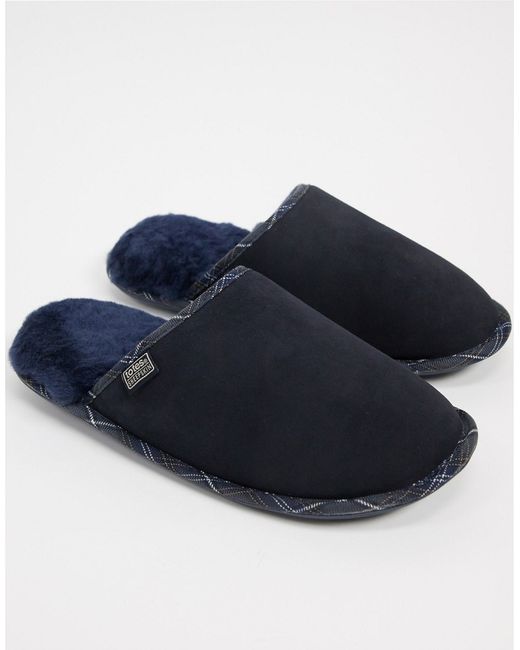 Sheepskin by Totes suede mule slippers in navy plaid-
