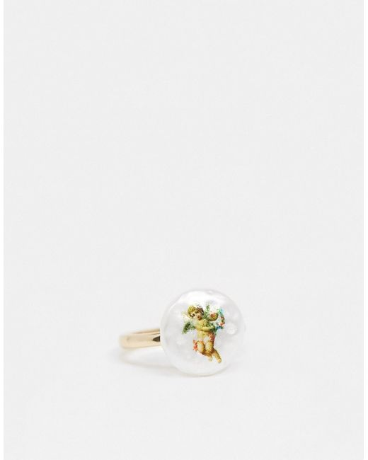 Asos Design ring with cherub printed pearl in tone